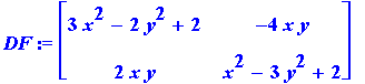 DF := matrix([[3*x^2-2*y^2+2, -4*x*y], [2*x*y, x^2-...