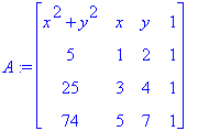 A := matrix([[x^2+y^2, x, y, 1], [5, 1, 2, 1], [25,...