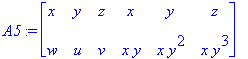 A5 := matrix([[x, y, z, x, y, z], [w, u, v, x*y, x*...